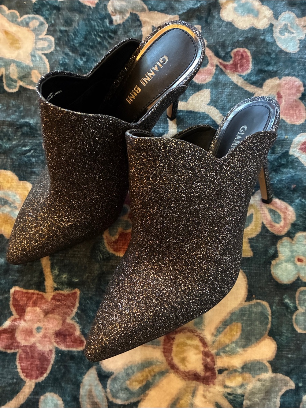 Gianni Bini Anissa Glitter Pointed Toe Mule Heels in Sparkling Black